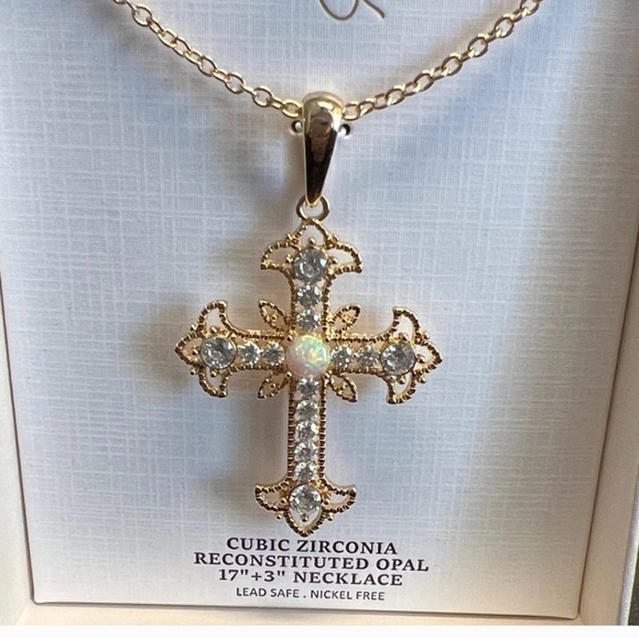 🤍🔹️Piper K 🔹️ Gold Cross Reconstituted Opal and Cubic Zirconia 17" Necklace - Picture 6 of 6